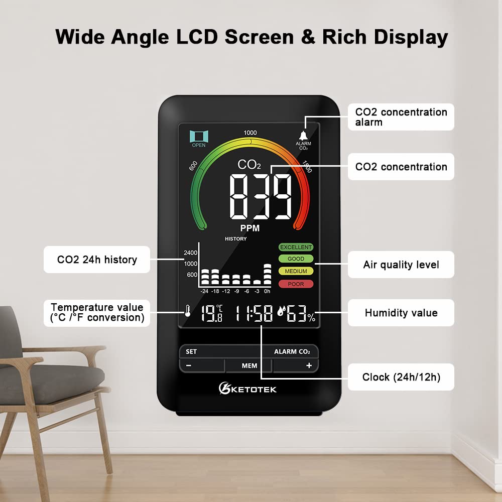 CO2 meter indoor air quality detector temp humidity alarm graphic display - black