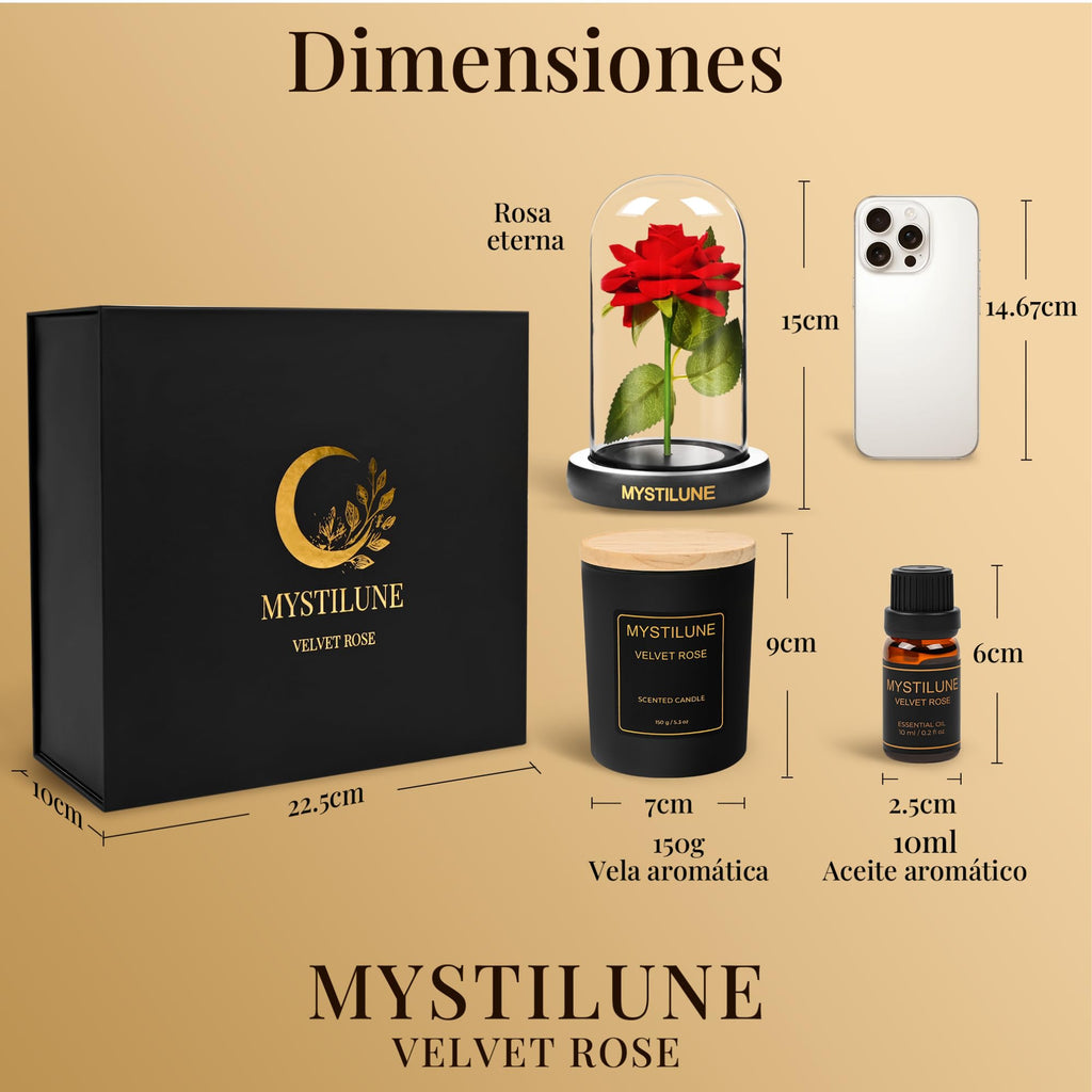Wieczna róża szklarniowa zestaw upominkowy z pachnącą świecą i olejkiem eterycznym – 15cm