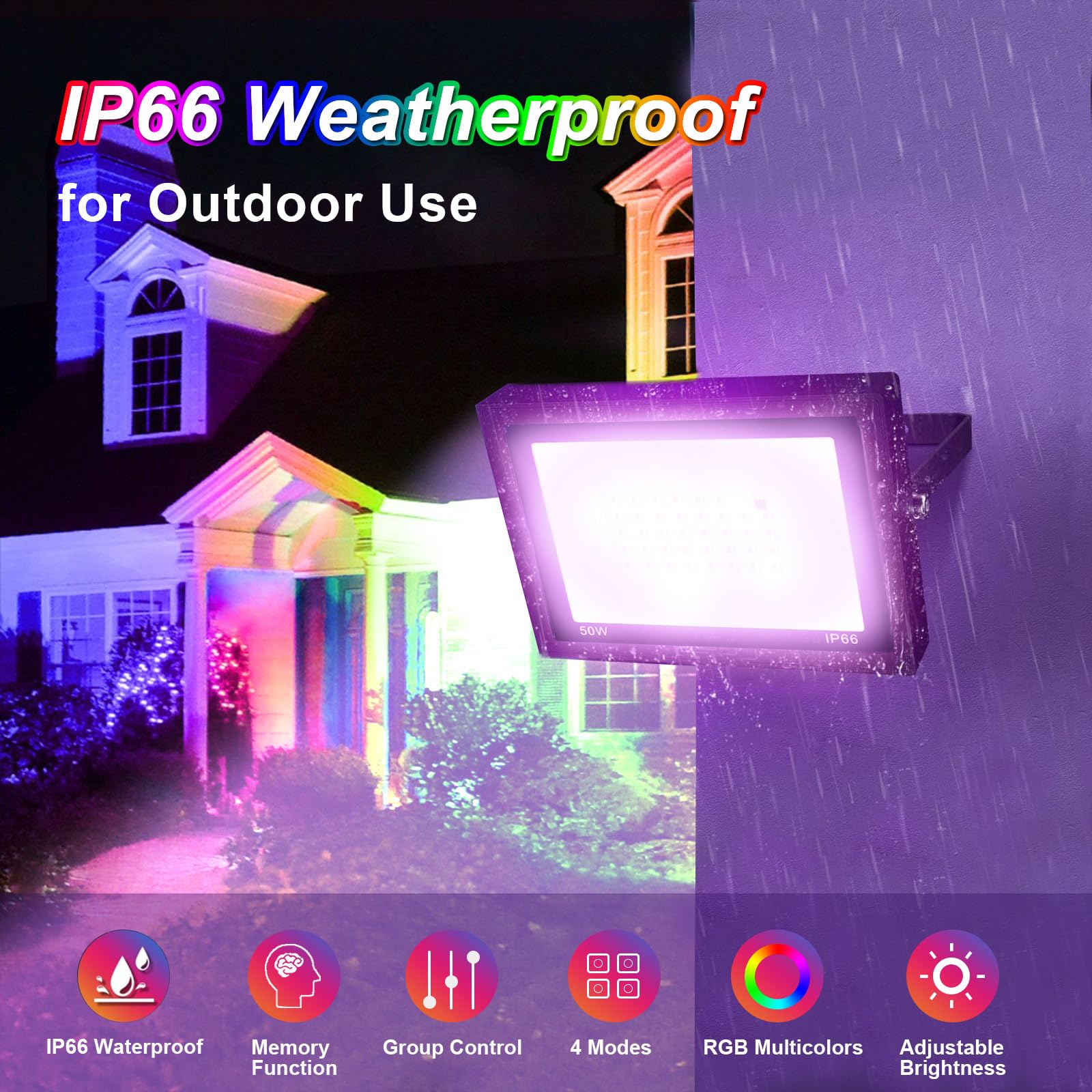 Fosingut 100W RGB LED Outdoor Dimmable Floodlight with Remote Control – IP66 Waterproof