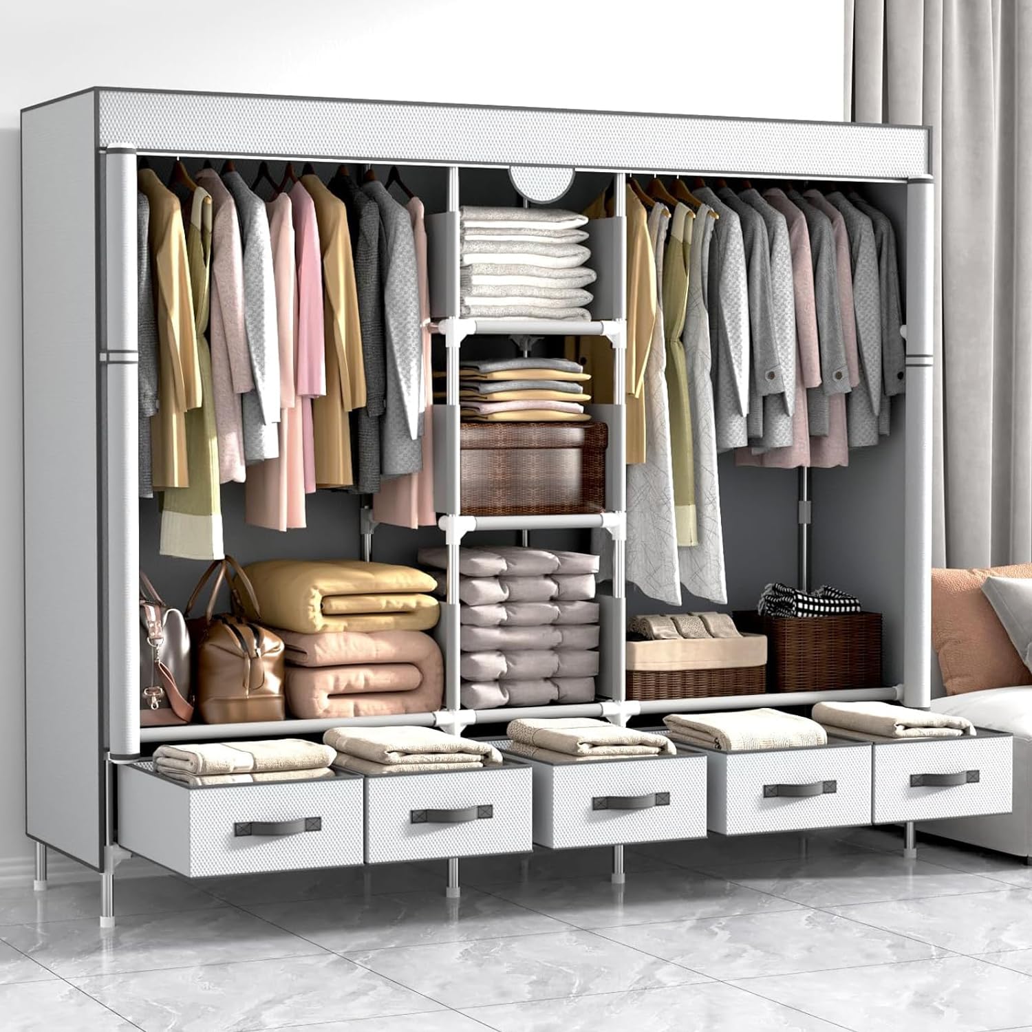 Anmas Portable Fabric Wardrobe - Rail + 5 Drawers, Black
