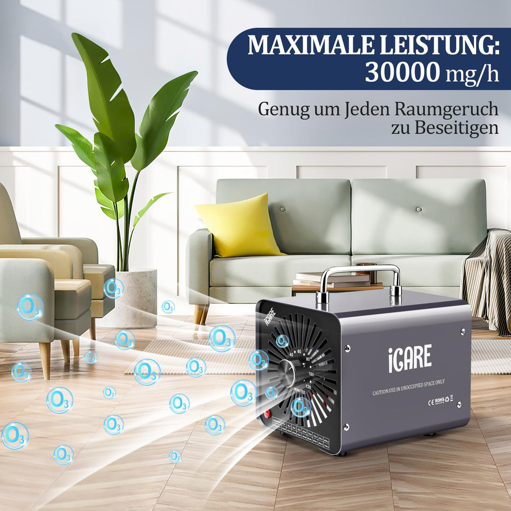 ICARE Ozone Generator 30000mg/h Industrial Air Purifier – 120-Minute Timer