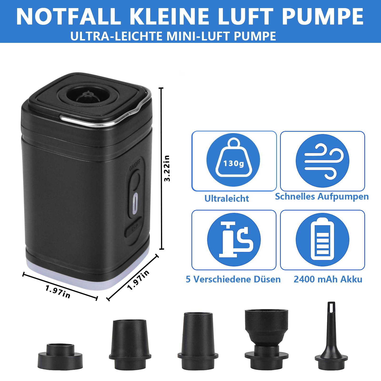 Portable Electric Air Pump 2400mAh Rechargeable with 5 Inflate/Deflate Nozzles – Mini