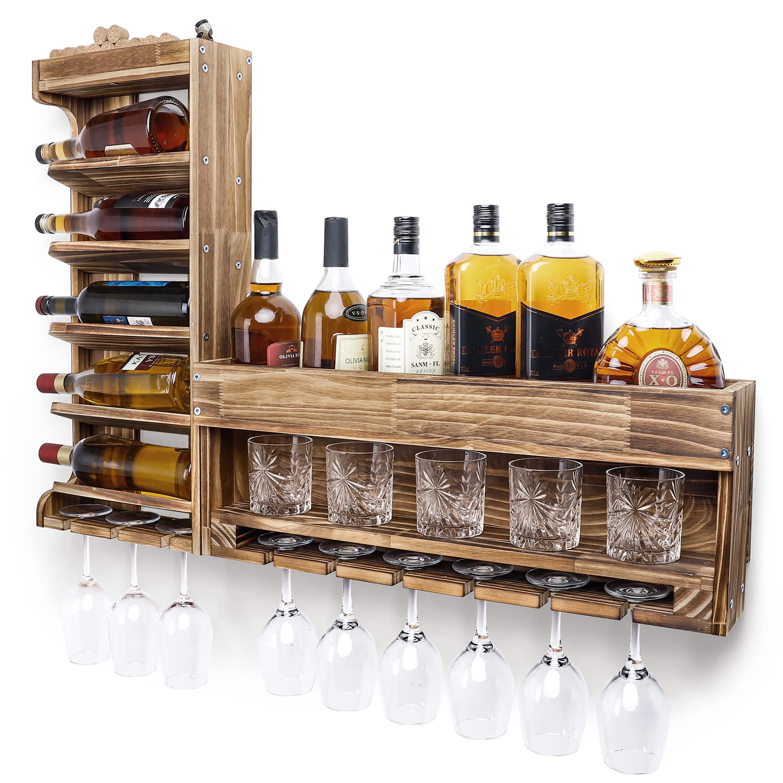 Yorbay Wine Rack - Burnt Wood Pallet, Cork and Glass Holder, Vintage Style
