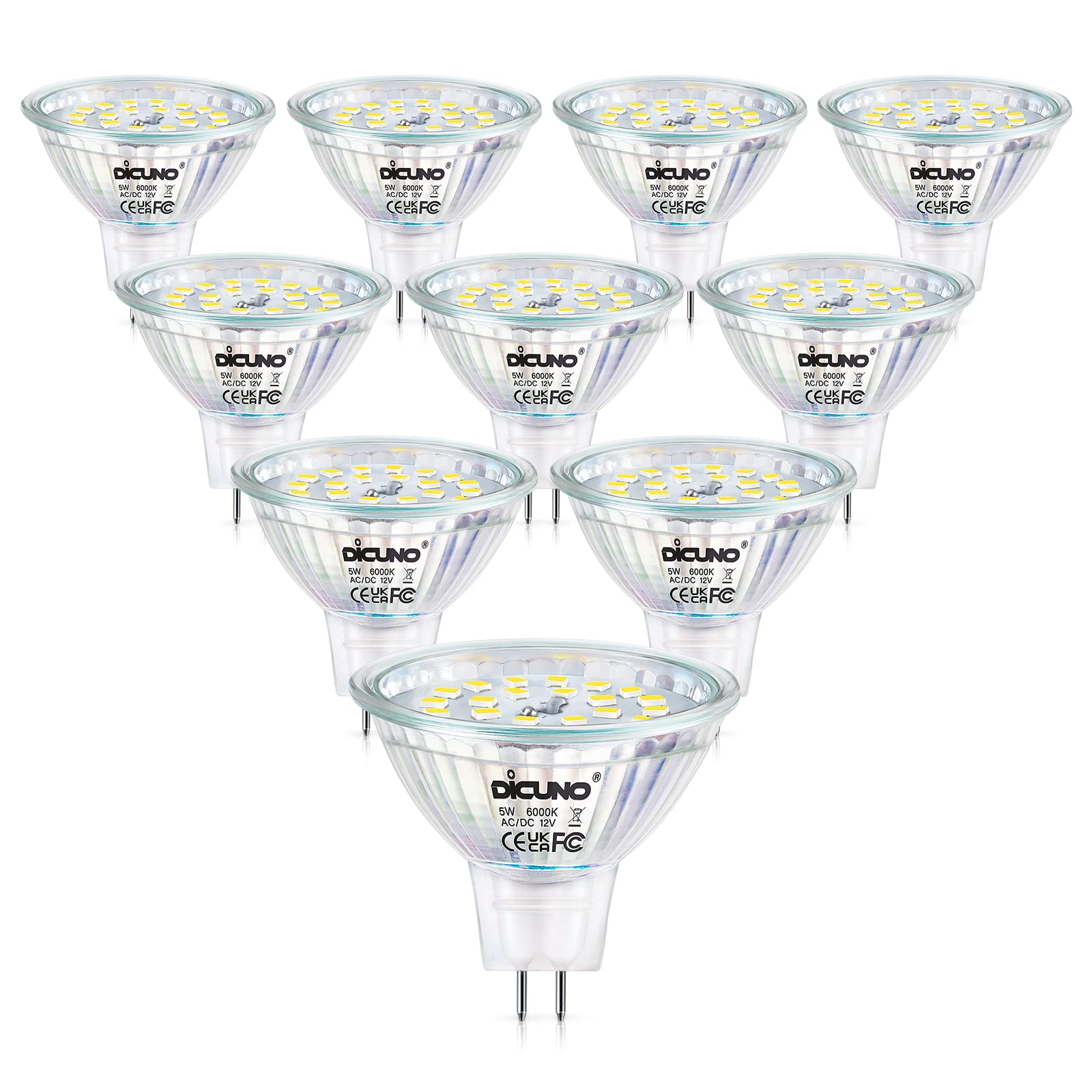DiCUNO GU5.3 Dimmable LED 5W 6000K MR16 Spotlight 120° Beam Angle – Pack of 10