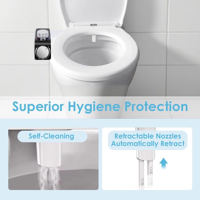 Bidet attachment for toilet seat - pressure and temperature adjustment, dual nozzles