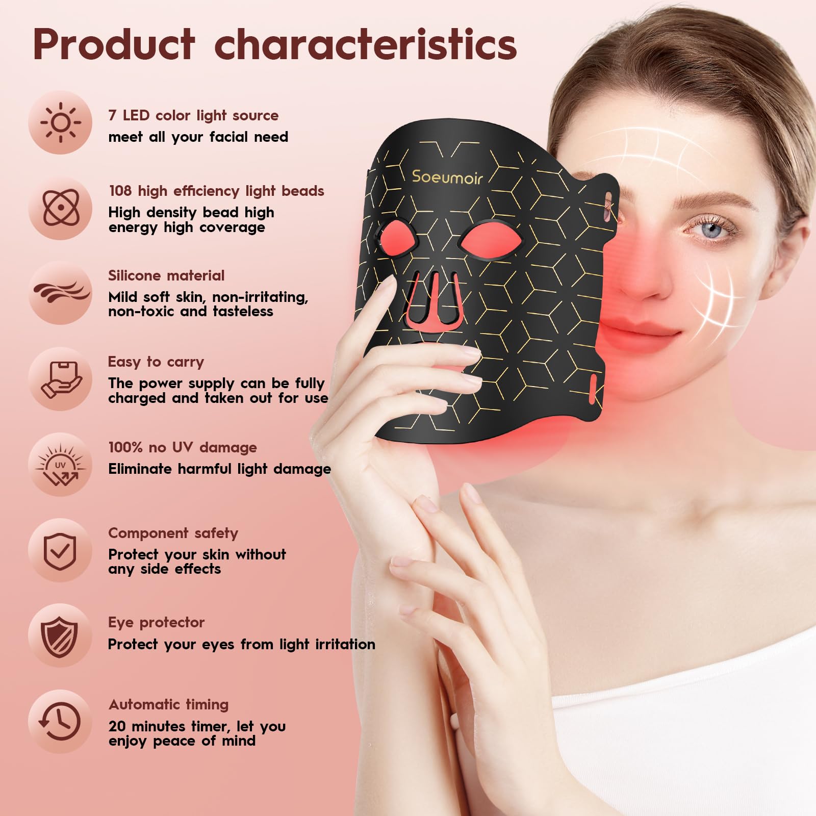 LED Face Mask Red Light Therapy Device 7-Color LED Skin Care