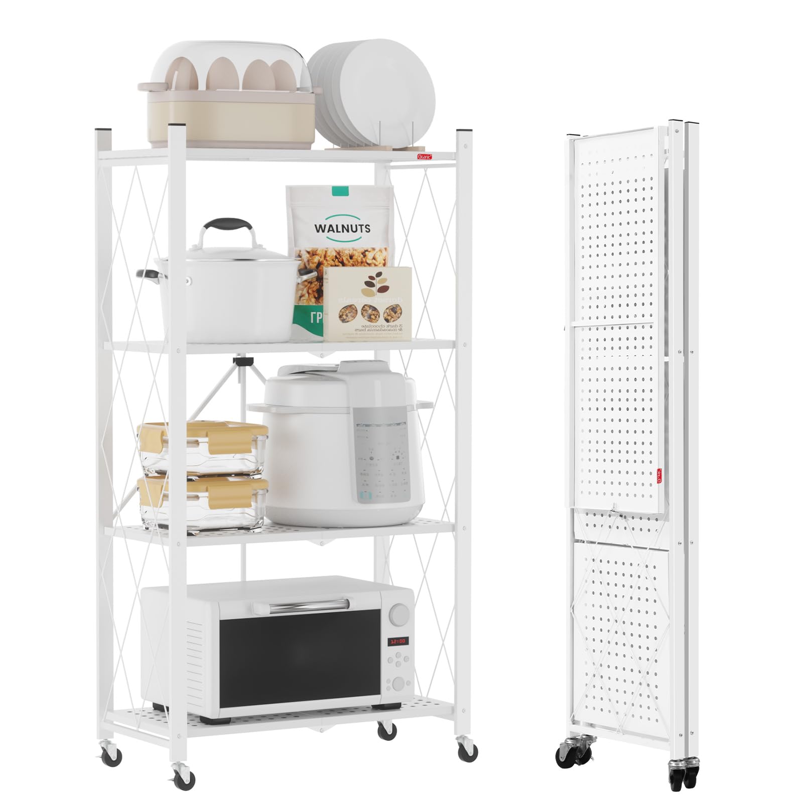 DEANIC Foldable Metal Shelf 4 Tiers – 61x116x28cm, On Wheels, White