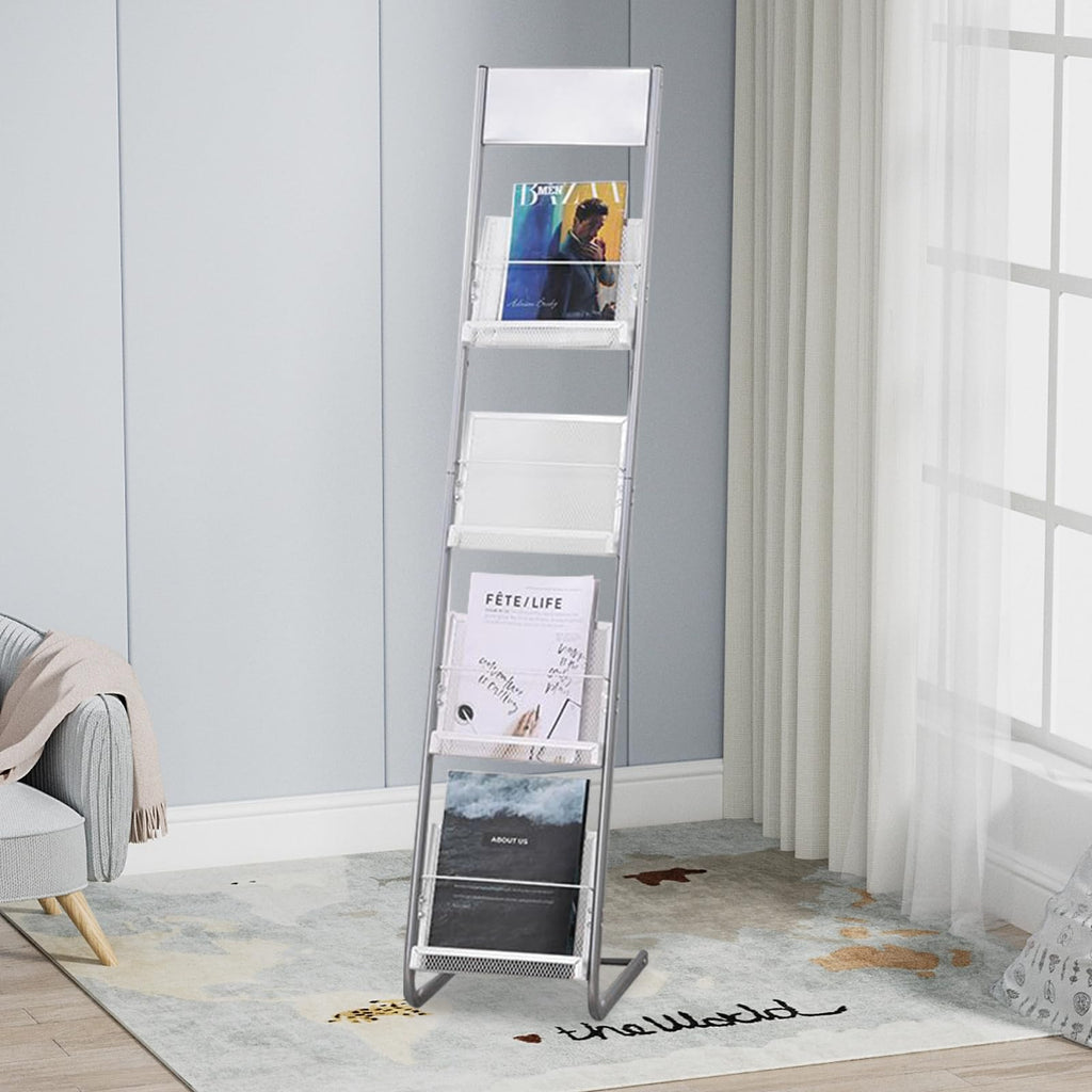 Whemyreat A4 Metal Brochure Stand - Floor-standing, on Wheels, Silver
