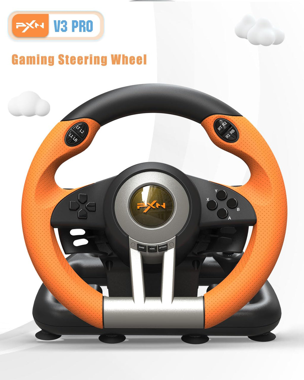 PXN V3 Pro Gaming Steering Wheel with Pedals – 180°, Vibration, Paddle Shift – Orange