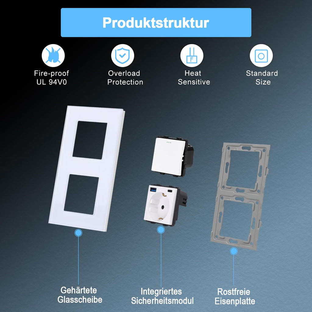 Light Switch with Schuko Socket and USB Ports Modern Flush-Mounted – Black