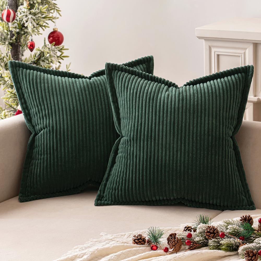 MIULEE Corduroy Cushion Covers 45x65cm - Striped, Dark Green, 2 Pieces