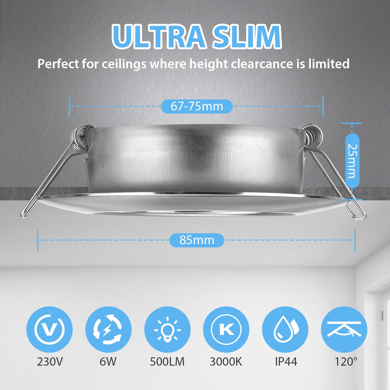 Dimmable LED Recessed Spotlights 6W IP44 – Warm White 3000K, Set of 6