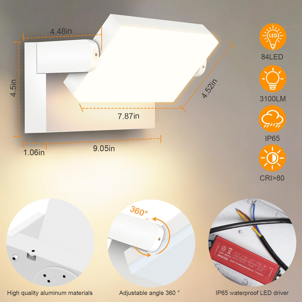 Kingwen 40W Outdoor LED Wall Light – 360° Rotatable, IP65, White