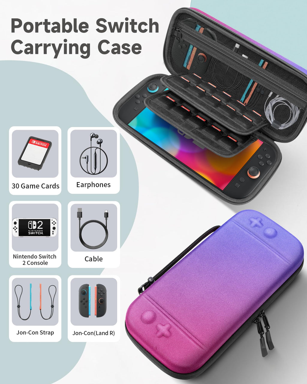 Etui transportowe Nintendo Switch 2 duże z ochroną ekranu i kieszeniami na akcesoria – fioletowy/niebieski