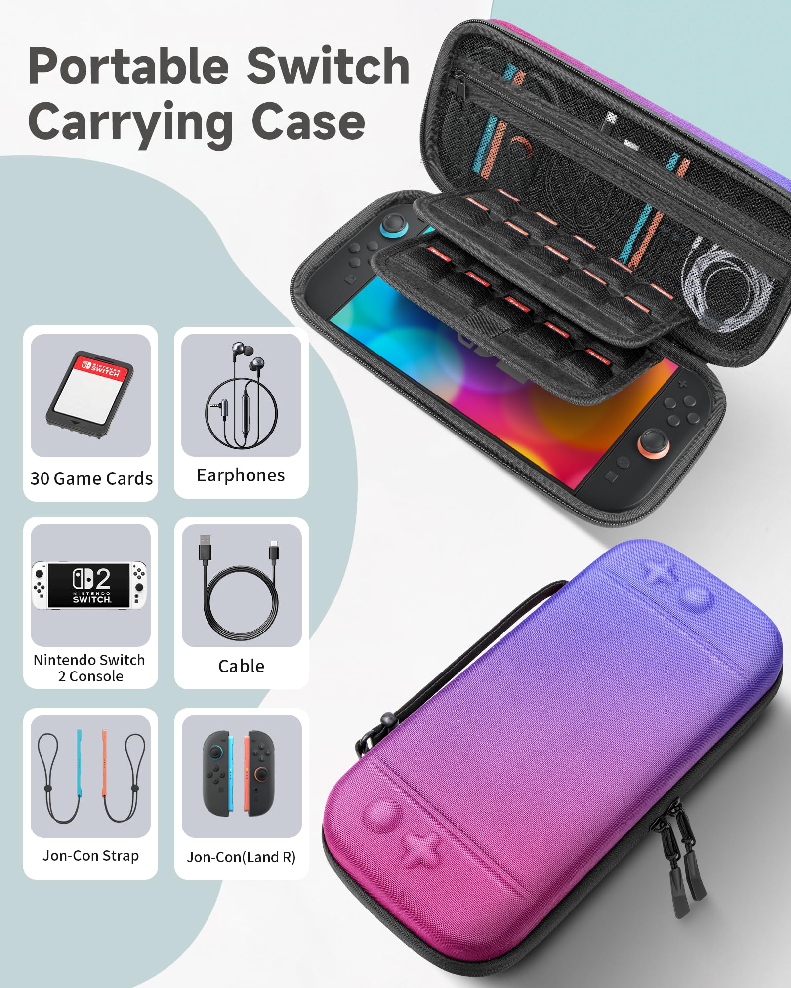 Nintendo Switch 2 Large Travel Case with Screen Protector and Accessory Pockets – Purple/Blue