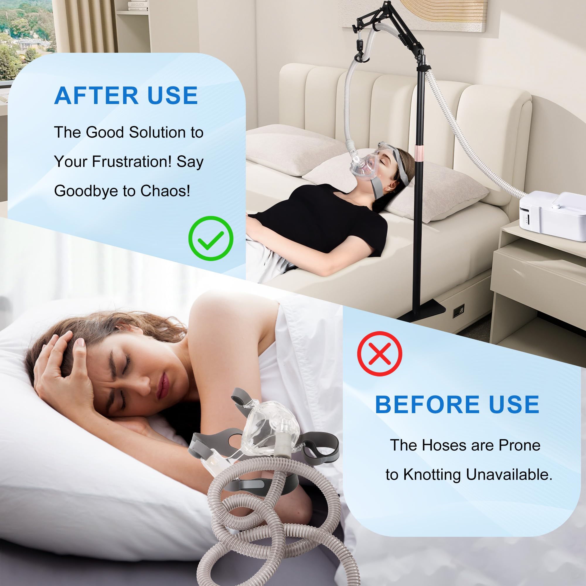 CPAP Hose Holder Adjustable Height Bed Hanger Prevents Tangling - White