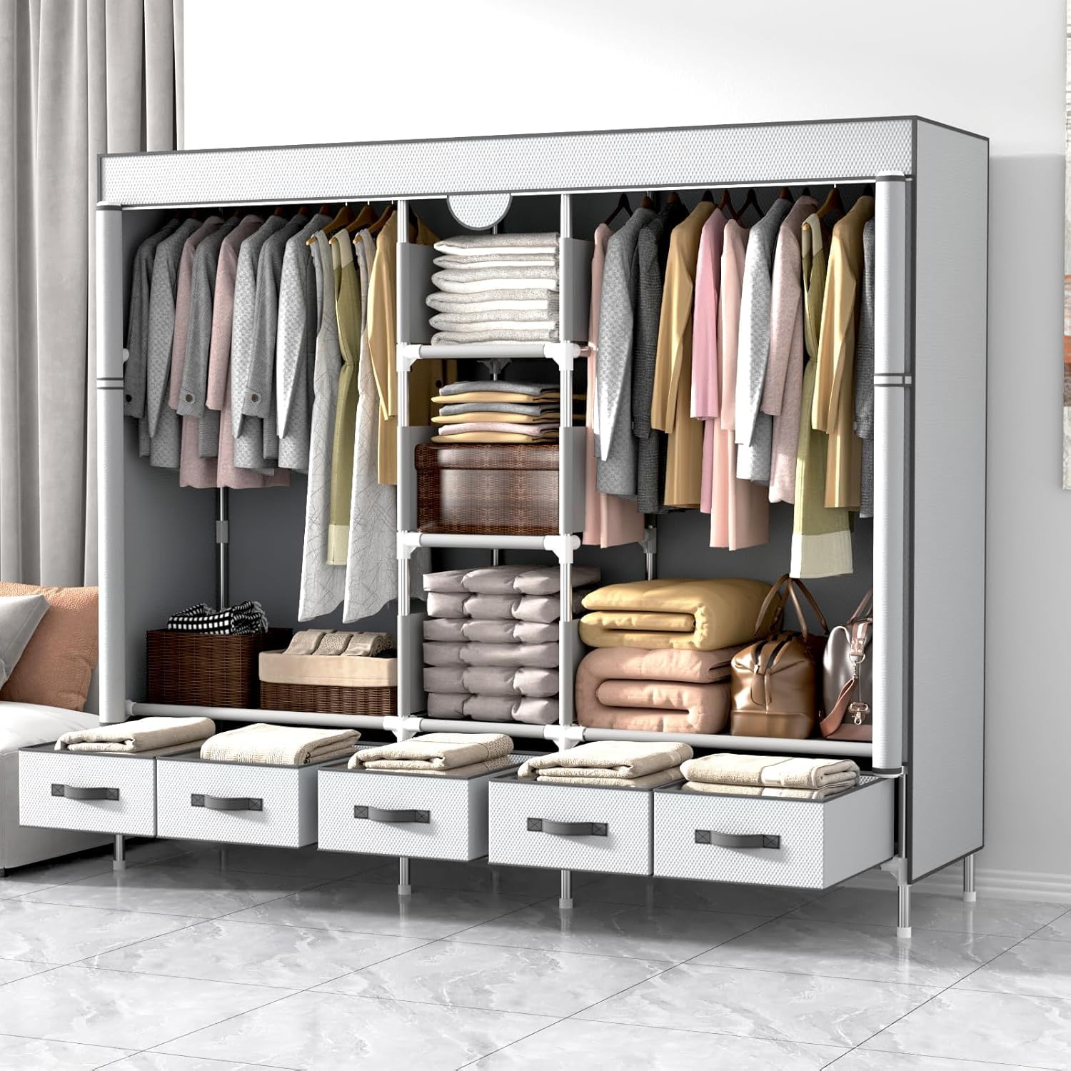 Anmas Portable Fabric Wardrobe - Rail + 5 Drawers, Black