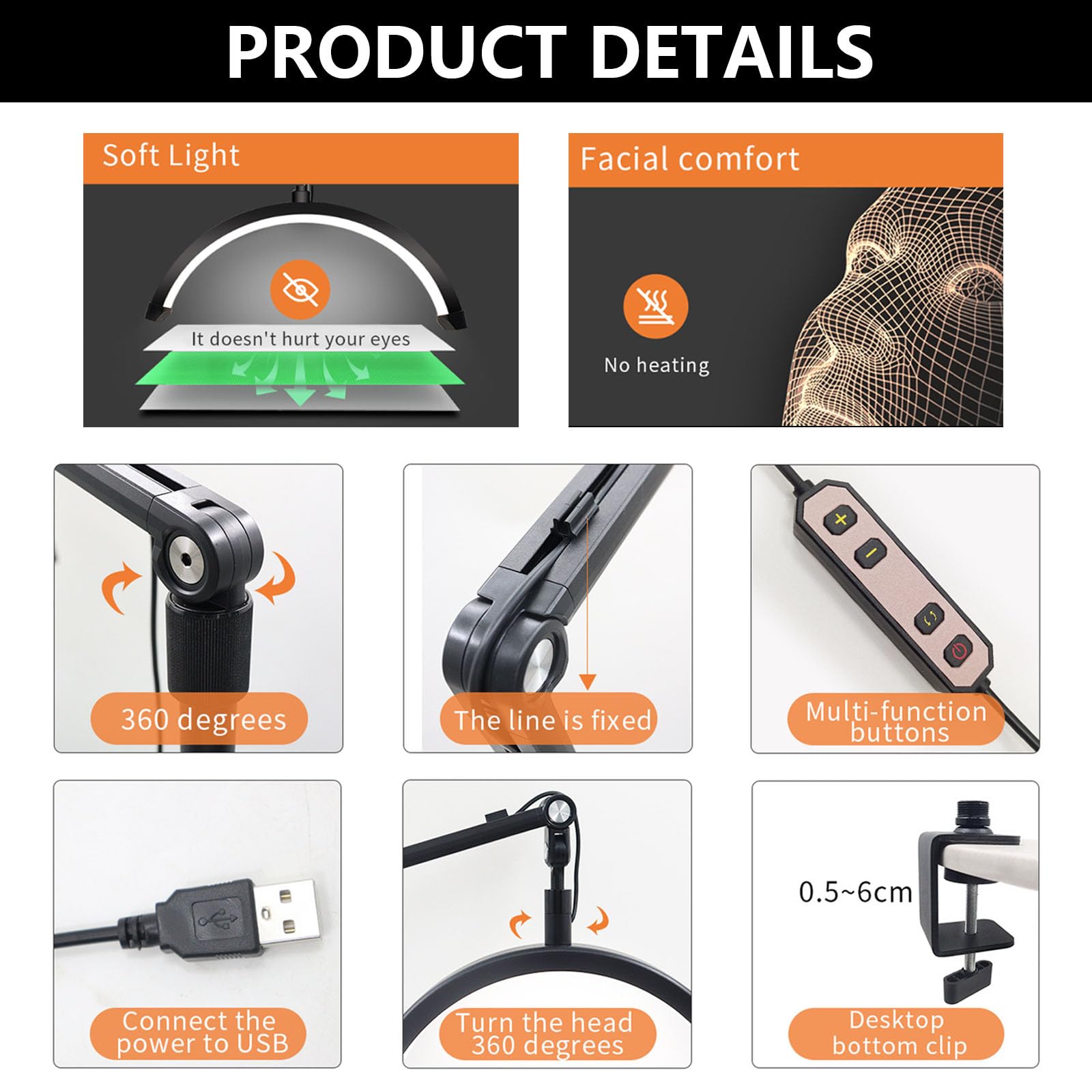 10W ściemniana lampa LED do rzęs z klipsem USB - 12'' 3200K-5600K