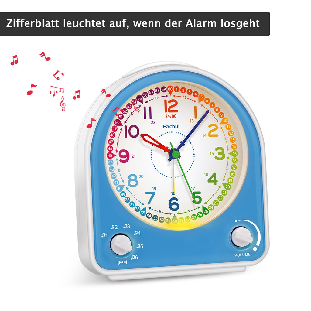 Eachui Analog Alarm Clock for Kids - Silent, Night Light, 7 Melodies, Blue