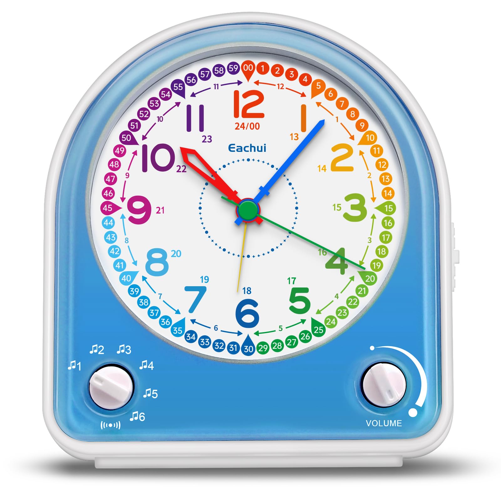 Eachui Analog Alarm Clock for Kids - Silent, Night Light, 7 Melodies, Blue