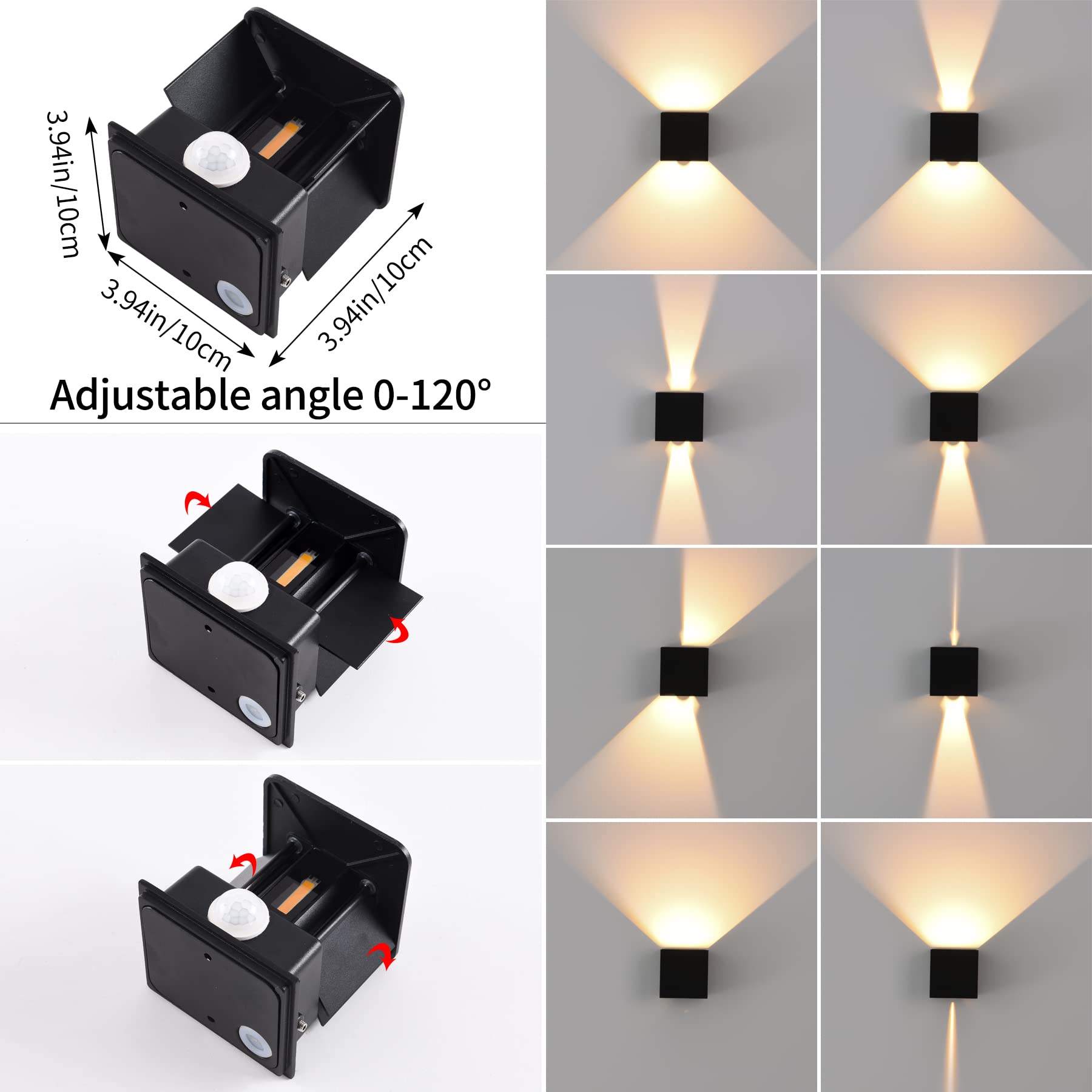 LED Wall Lamp with Motion Sensor 12W IP65 Waterproof Adjustable Beam Angle – Black