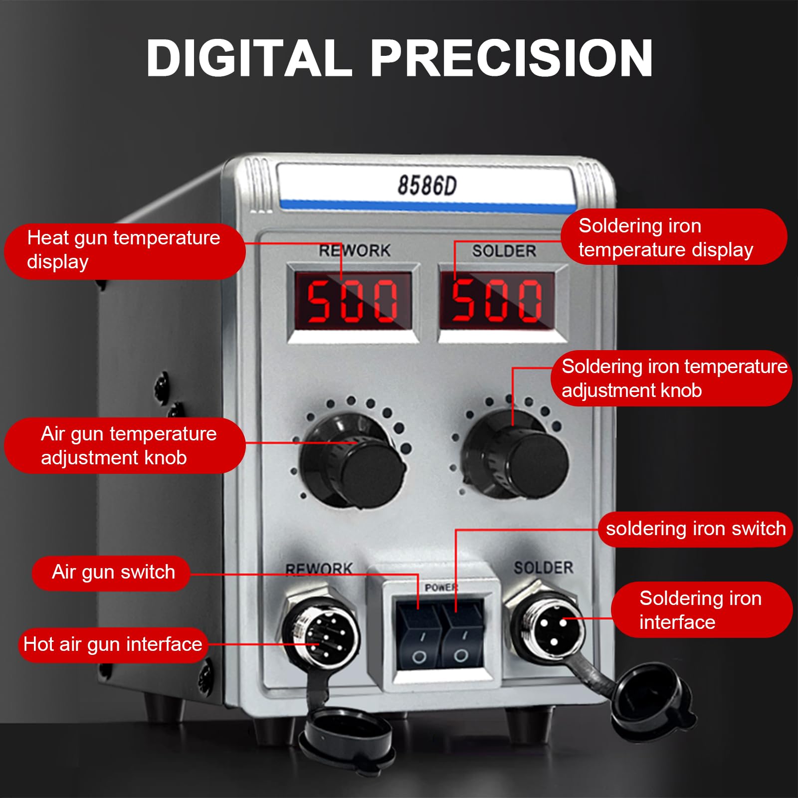 8586D 2-in-1 Hot Air Soldering Station and Soldering Iron, Adjustable Temperature 100-500°C – USB