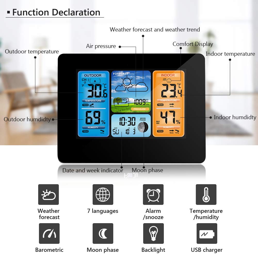 Wireless Weather Station with Digital Forecast and Outdoor Sensor - Black