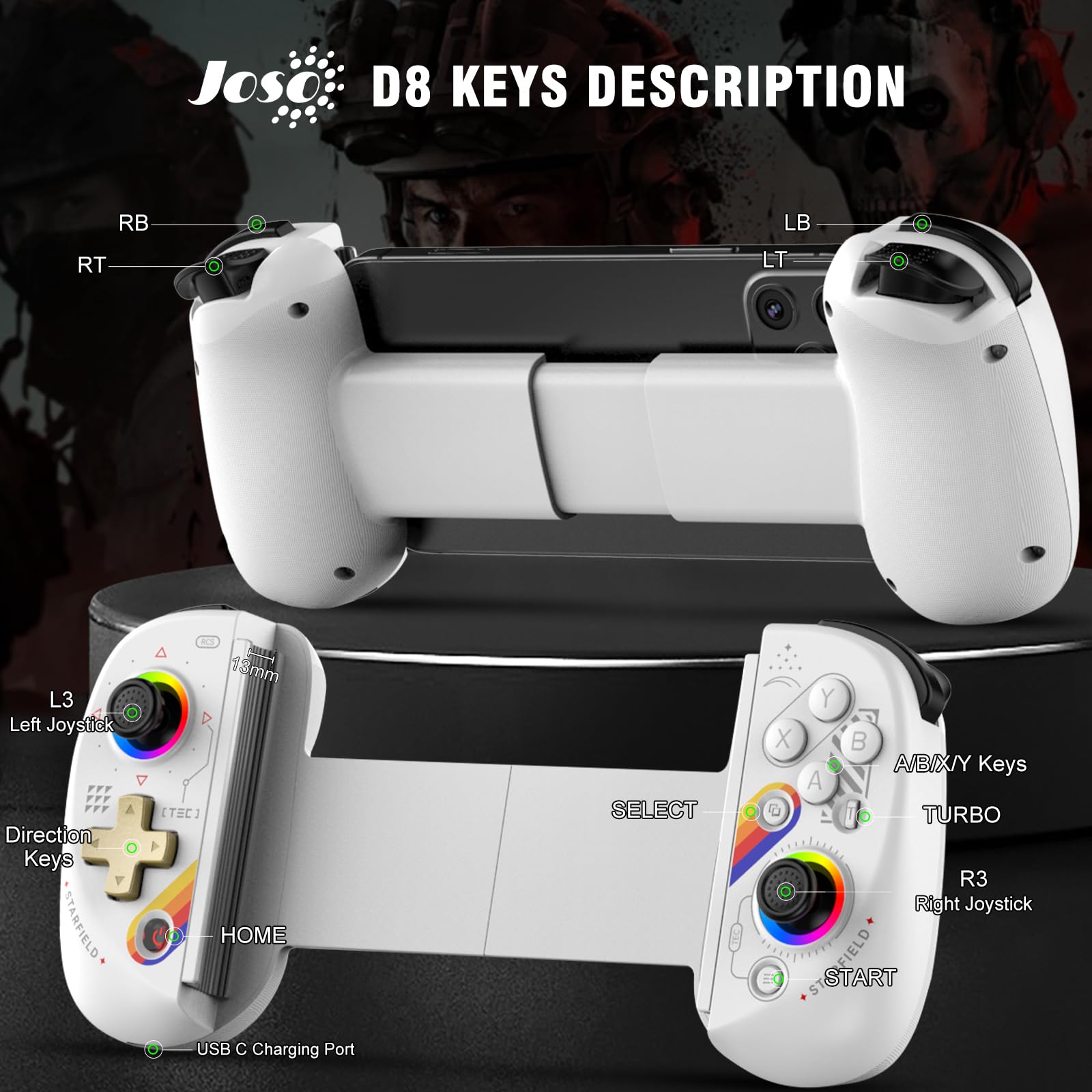 Joso D8 Gaming Controller for iPhone/iPad/Android/Switch/PS/PC White