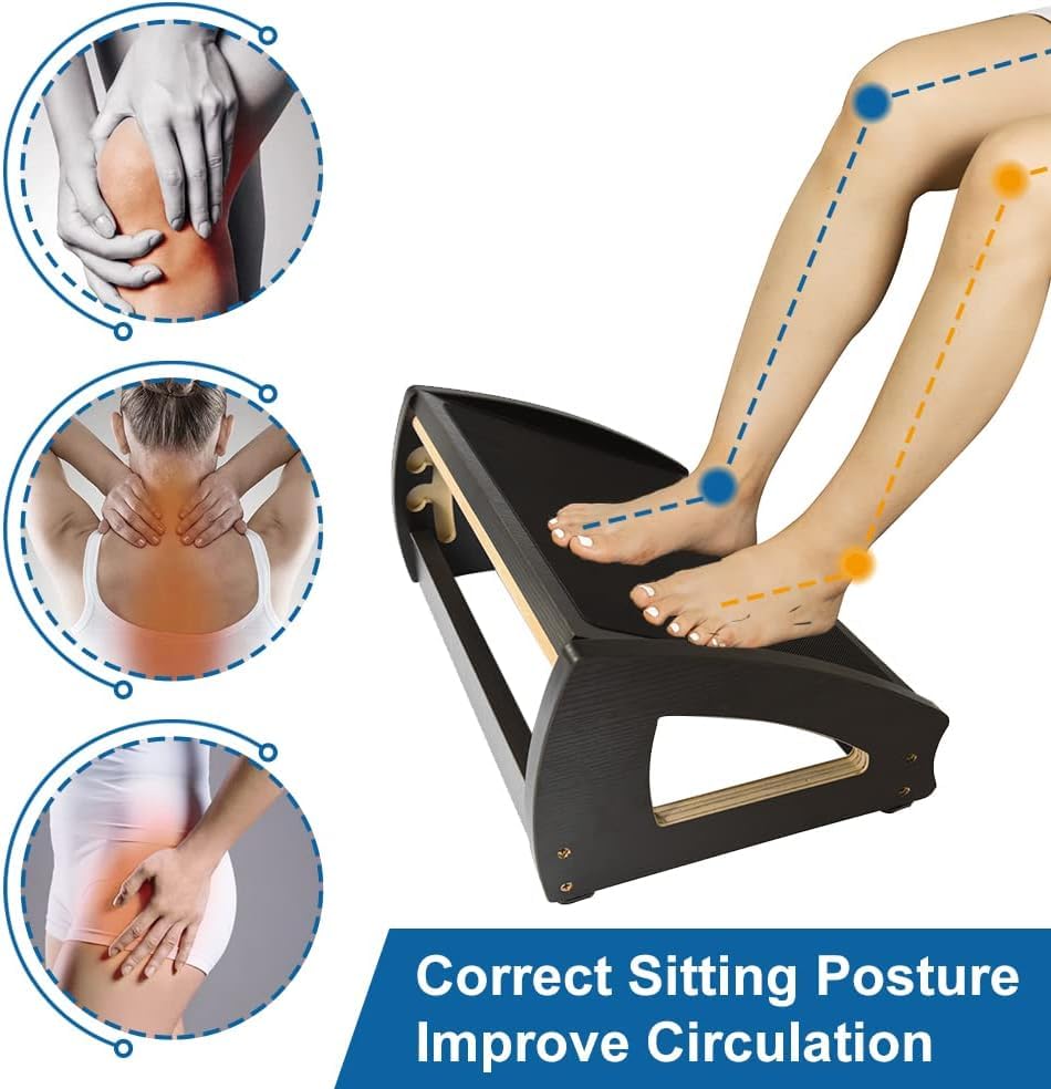 Adjustable Wooden Under Desk Footrest, 3 Heights, Ergonomic, Non-Slip, up to 181kg – Natural Wood