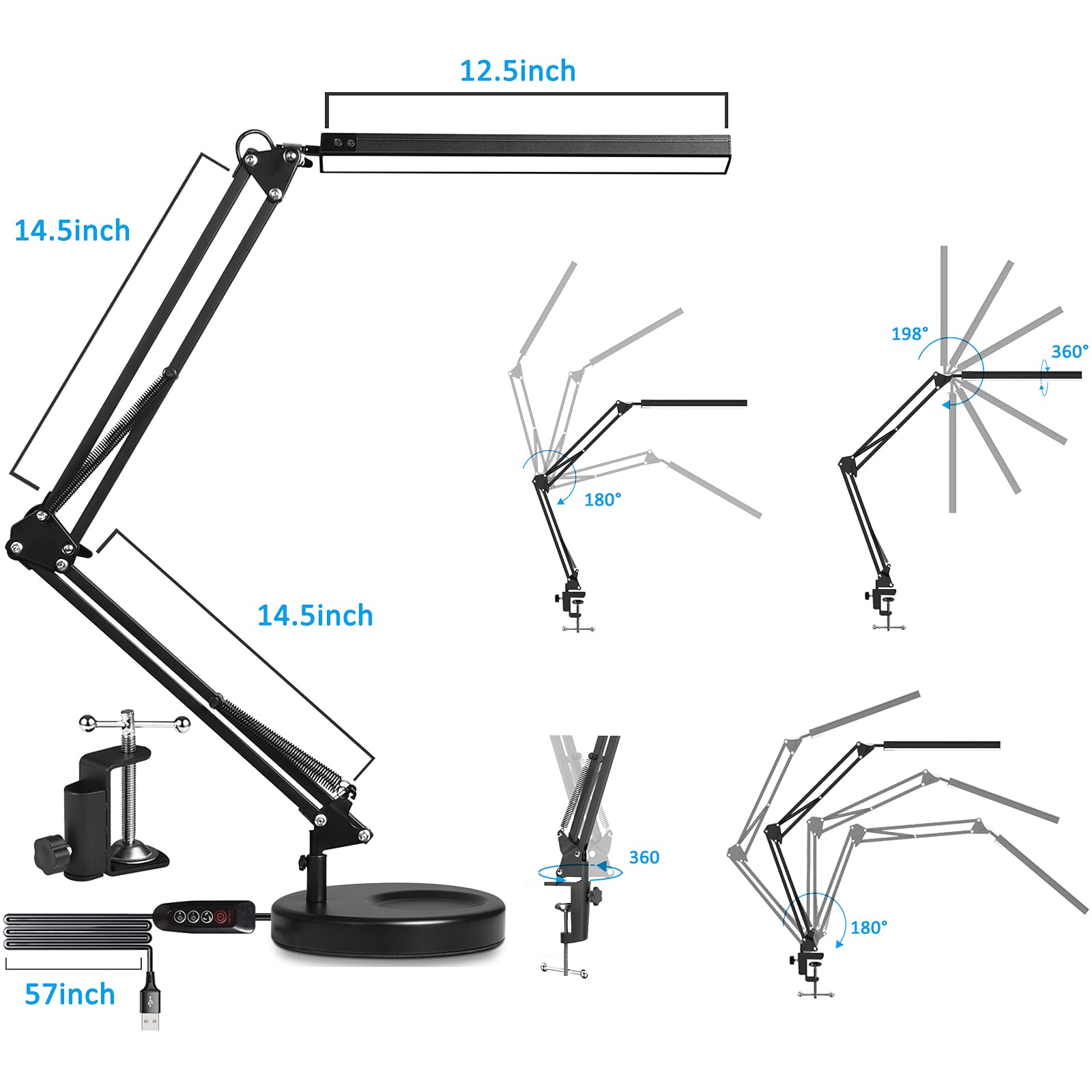 SKYLEO LED Desk Lamp with Clamp and Base – Black