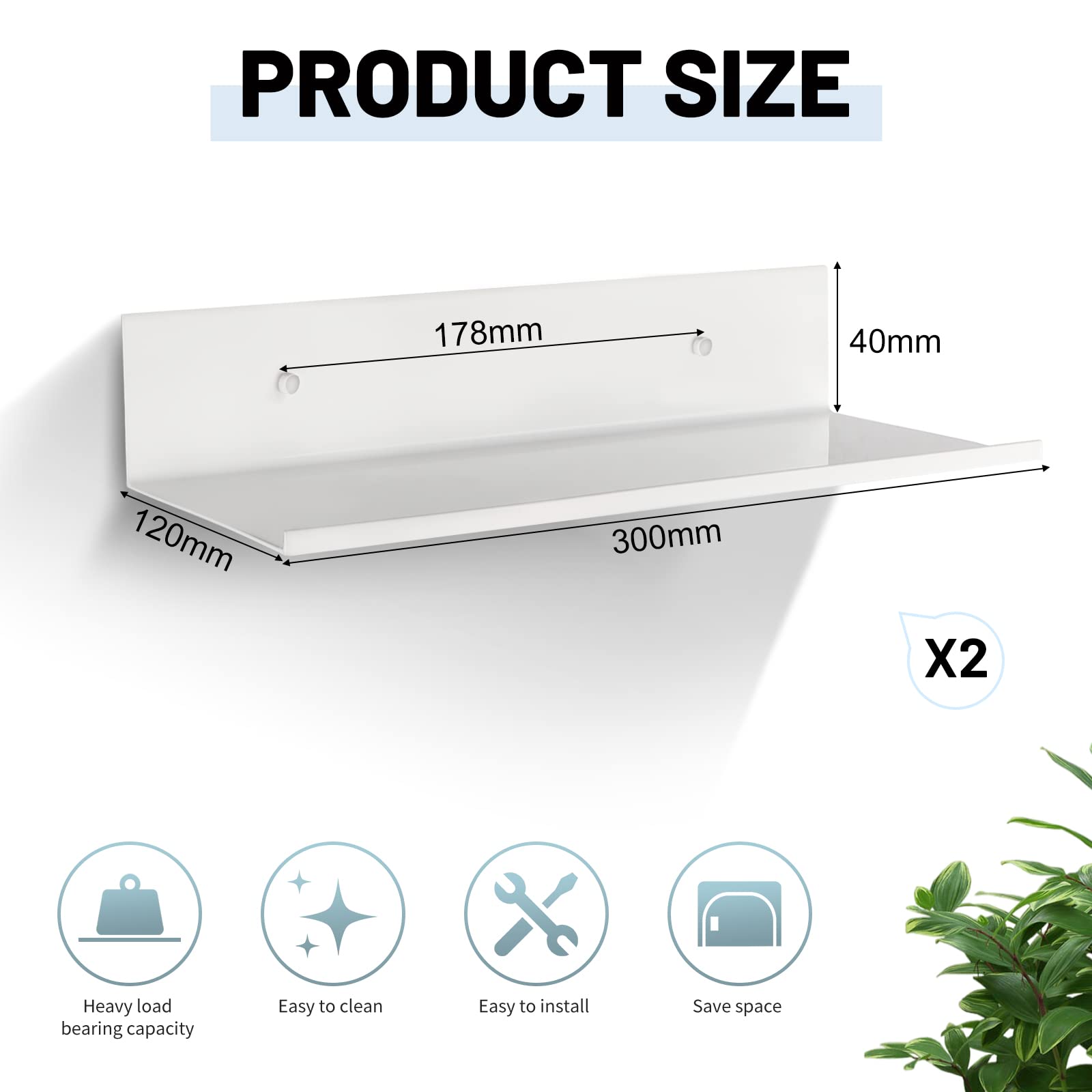 30 cm Wall Shelf, Floating Shower Shelf, No Drilling Required – White