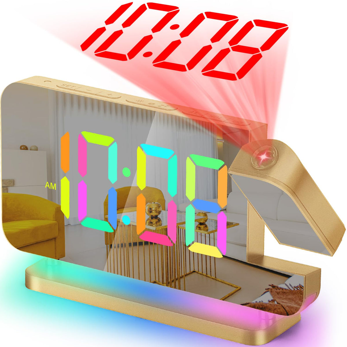SZELAM projektorowy budzik LED lustro z RGB nocną lampką – Złoty 7,4 cala