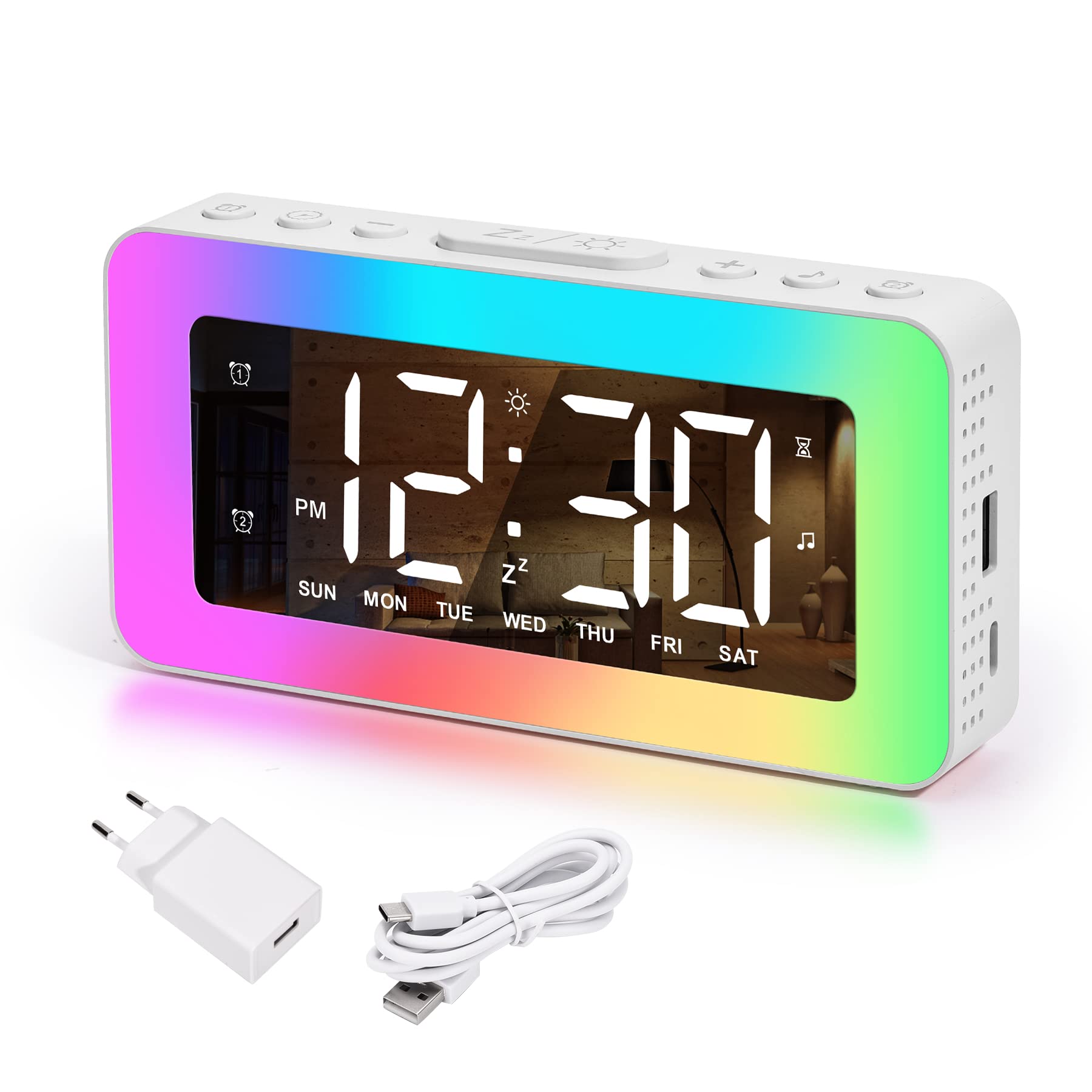 Digital Alarm Clock RGB Color Dual Alarm USB Charging Snooze Extra Loud – Black