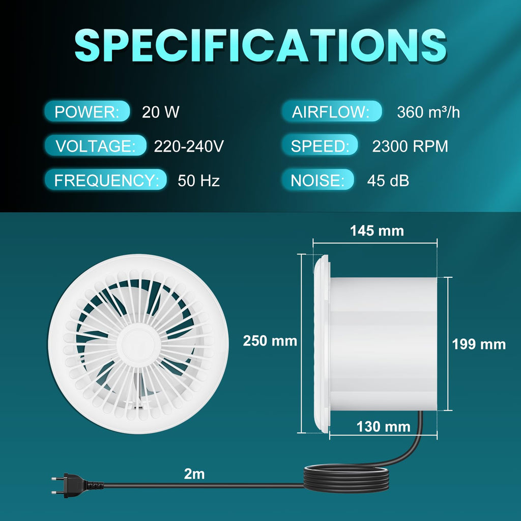 Extractor fan 200mm 2-way remote control quiet - Bathroom, Kitchen, Garage