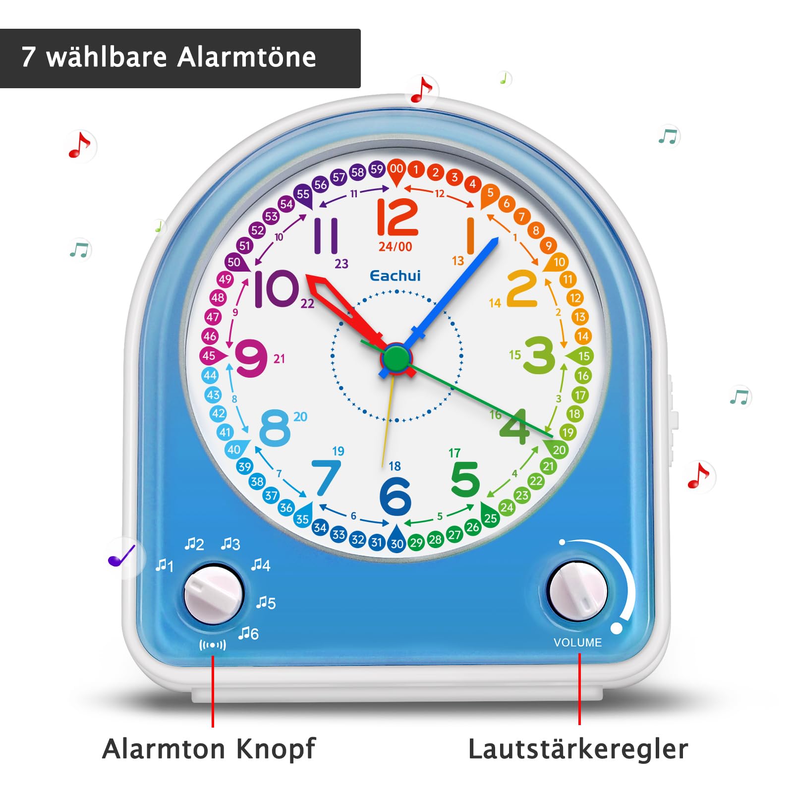 Eachui Analog Alarm Clock for Kids - Silent, Night Light, 7 Melodies, Blue