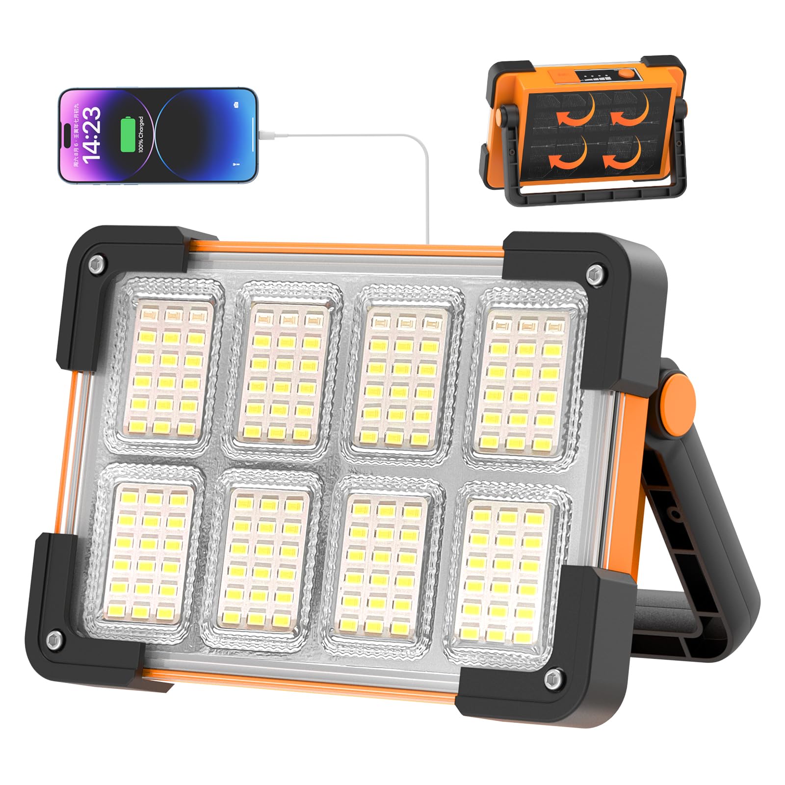 OHAYORI LED Rechargeable Floodlight 6000lm – 4 Modes, Solar+USB, PowerBank, 144 LEDs