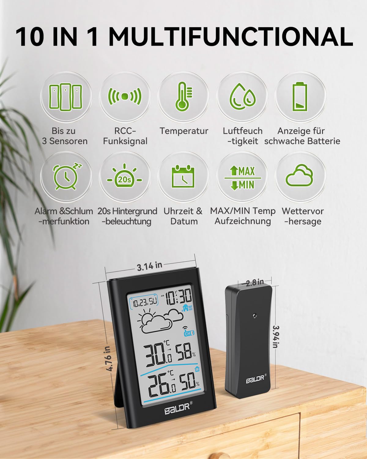 Wireless Weather Station Digital Clock DCF Indoor/Outdoor Thermometer – 3.7 inches
