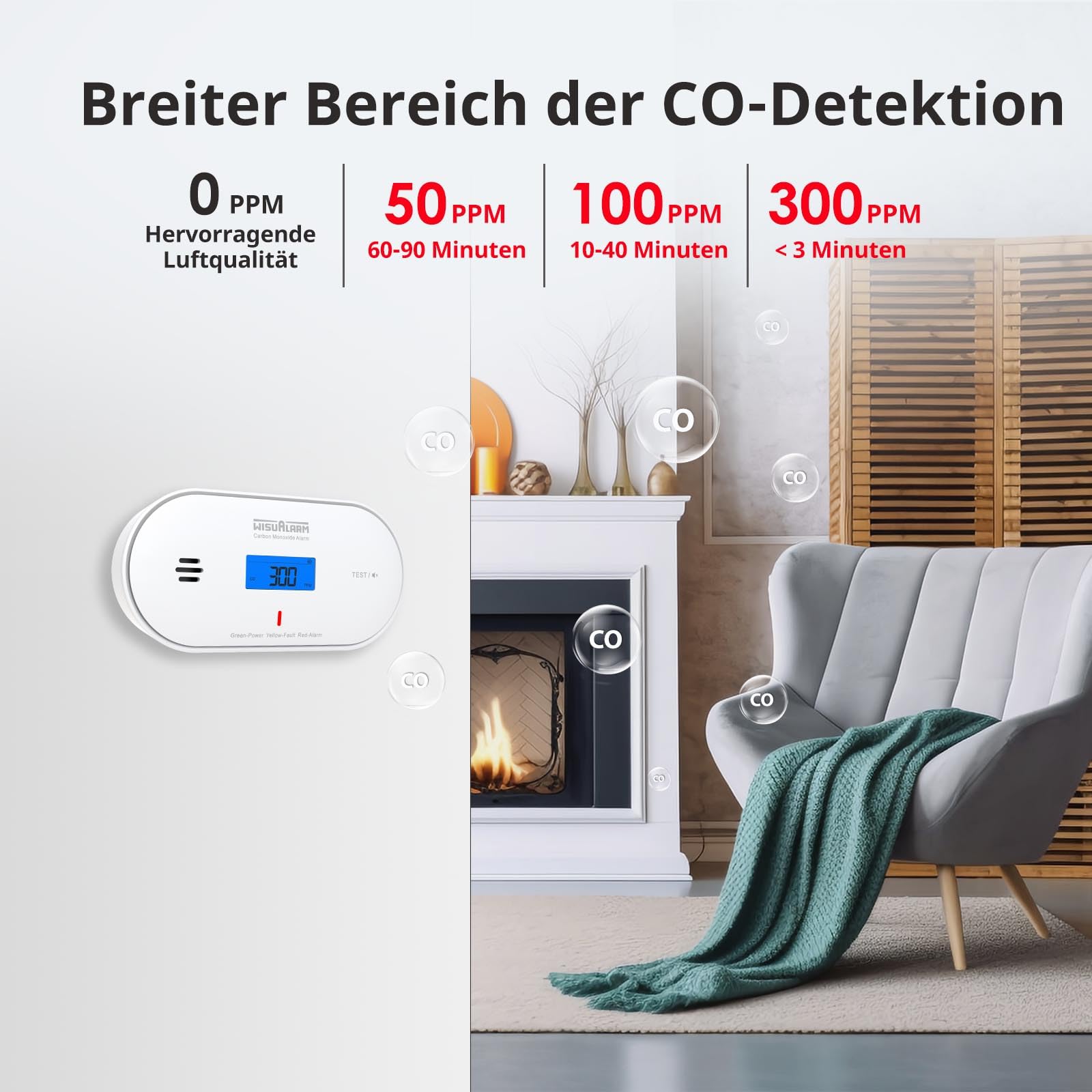Carbon Monoxide Detector with Alarm – Temperature, Humidity, LCD, 10-Year Battery