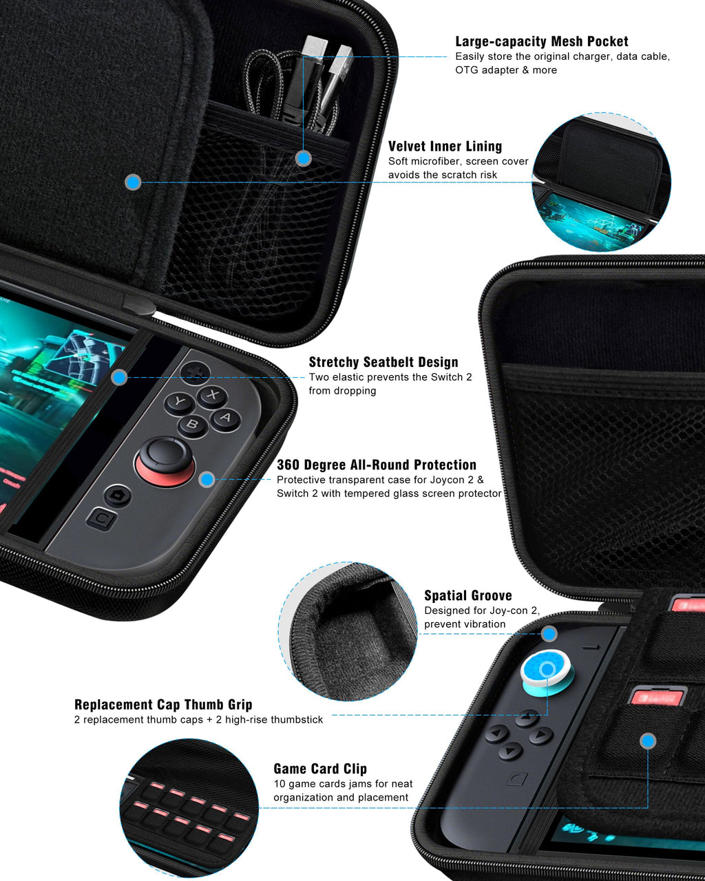 Joso Switch 2 Protective Case with Screen Protector and Accessories - Hard Black