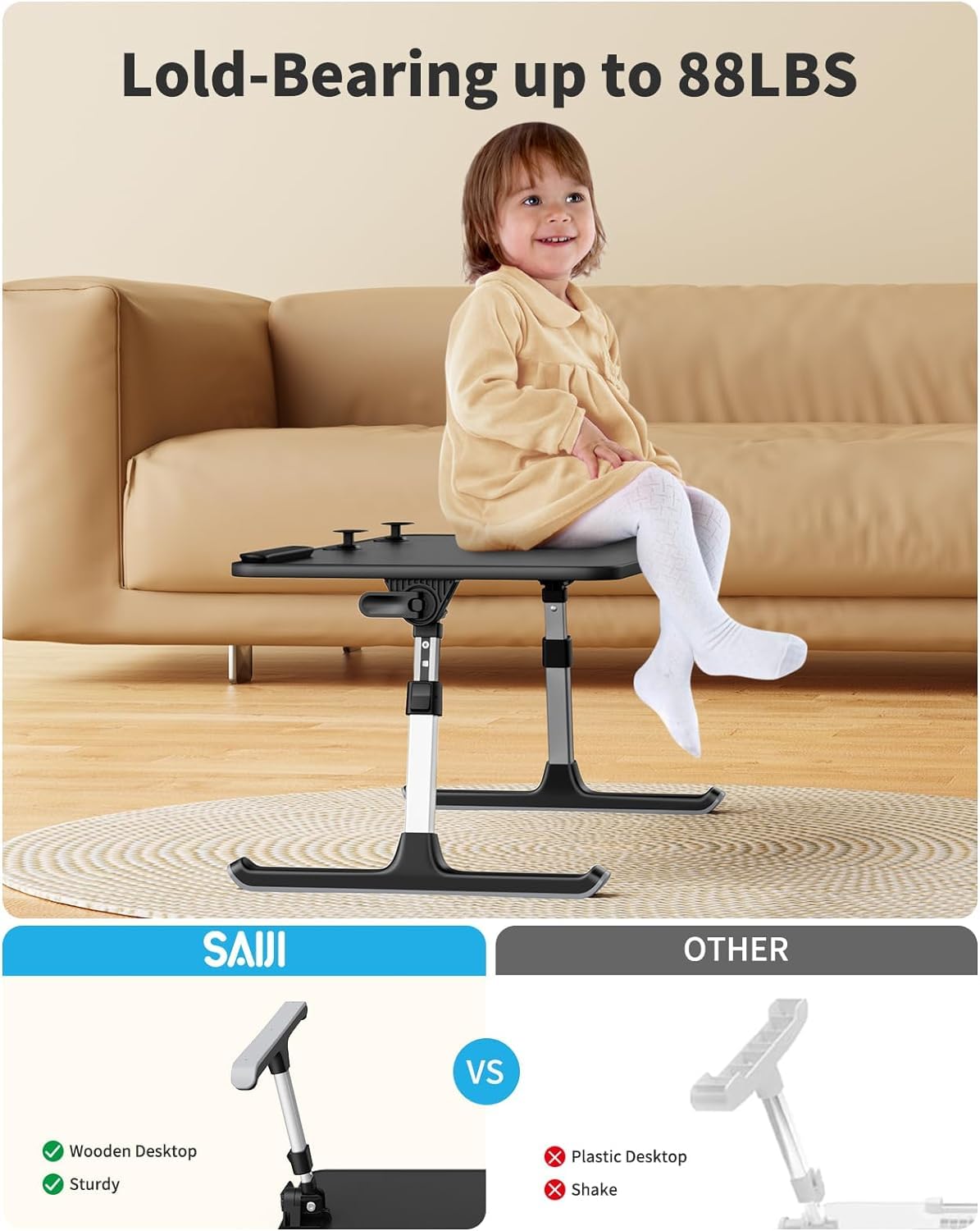 SAIJI Bed Laptop Desk - Height & Angle Adjustable, Foldable