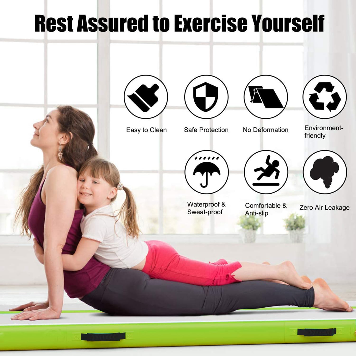 MEKETUM Inflatable Gymnastics Mat 3m – 10cm Thick, Non-Slip, Green