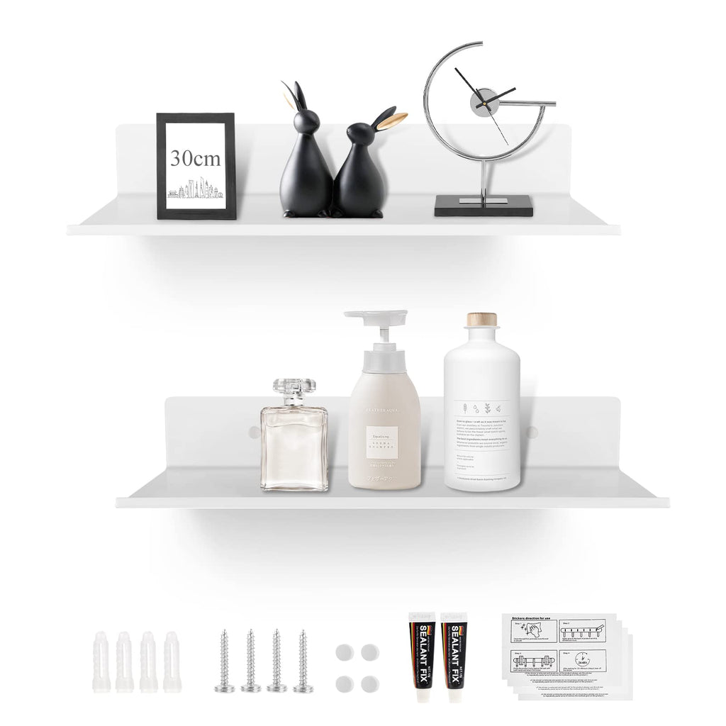 30 cm Wall Shelf, Floating Shower Shelf, No Drilling Required – White