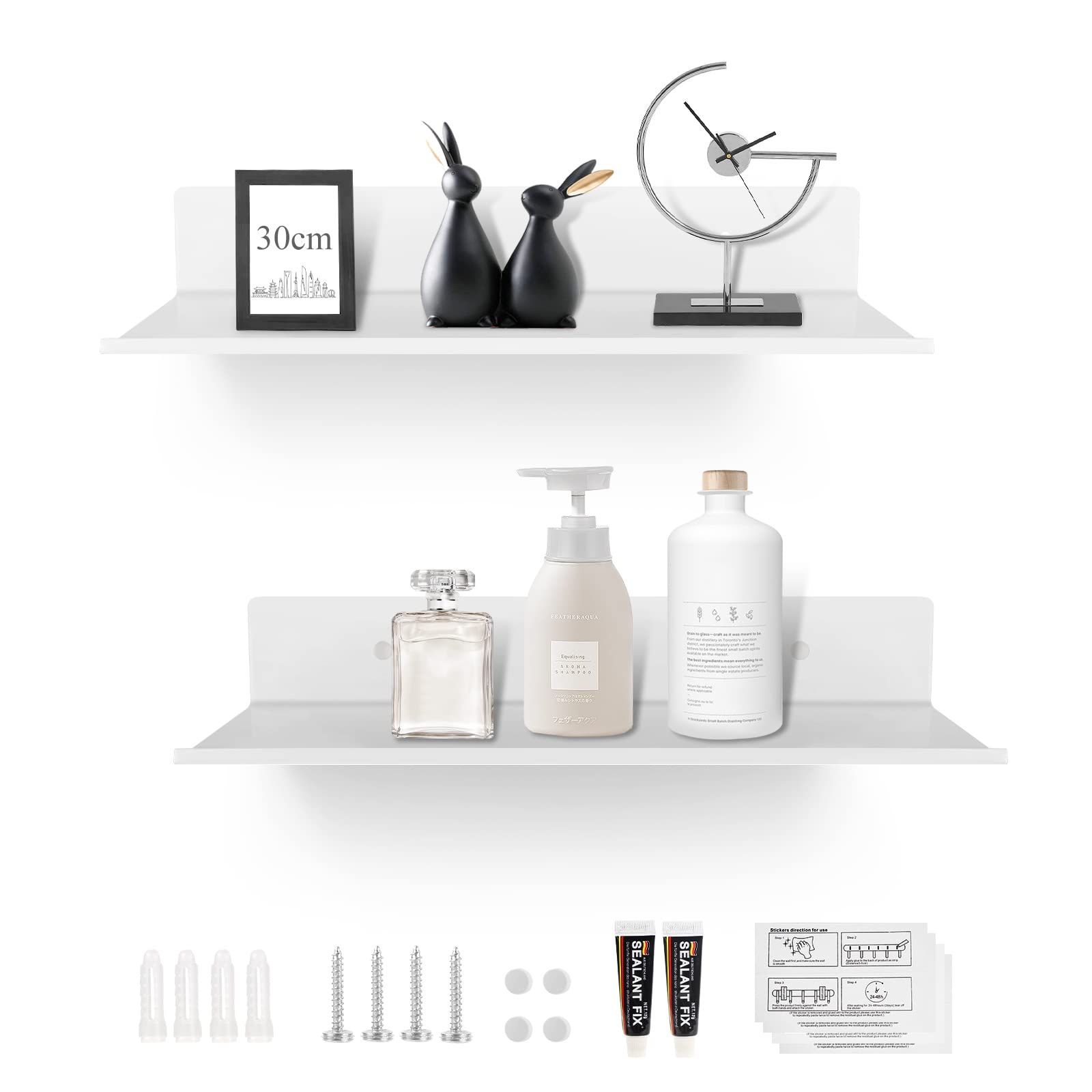 30 cm Wall Shelf, Floating Shower Shelf, No Drilling Required – White