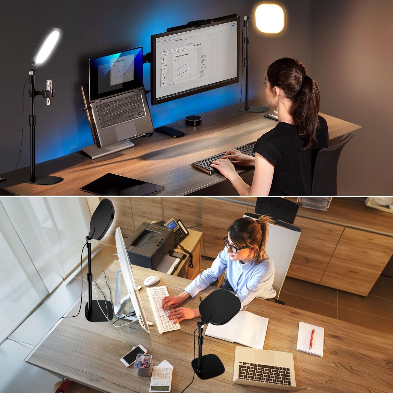 LitONES Dimmable LED Desk Lamp with Tripod for Video Conferencing, 3 Colors – Black