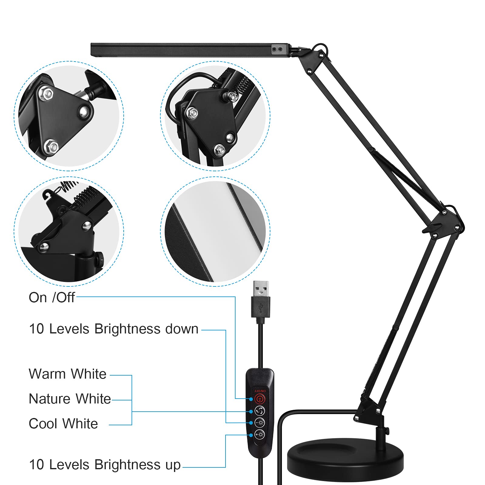 SKYLEO LED Desk Lamp with Clamp and Base – Black
