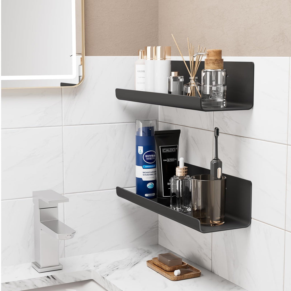 No-Drill Floating Shelves Set for Living Room and Bathroom - Black 32 cm