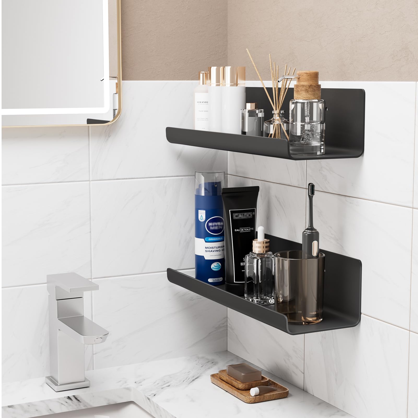 No-Drill Floating Shelves Set for Living Room and Bathroom - Black 32 cm