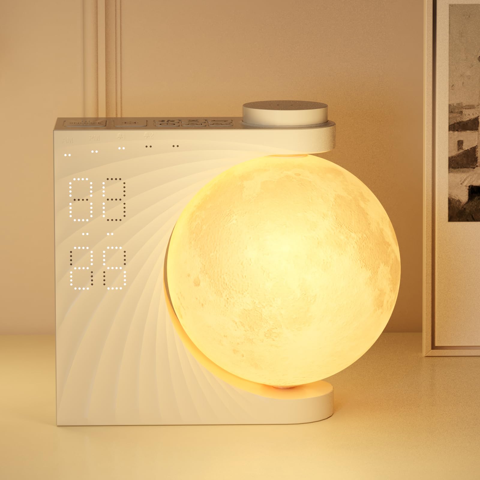 INSSISAIN Moon Lamp with Alarm Clock – 8 Colors, 10 Nature Sounds, Dual Alarm