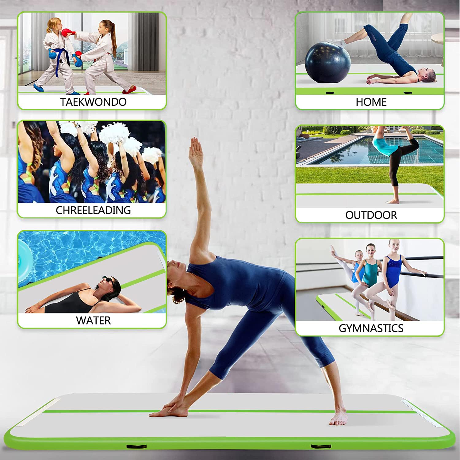 MEKETUM Inflatable Gymnastics Mat 3m – 10cm Thick, Non-Slip, Green