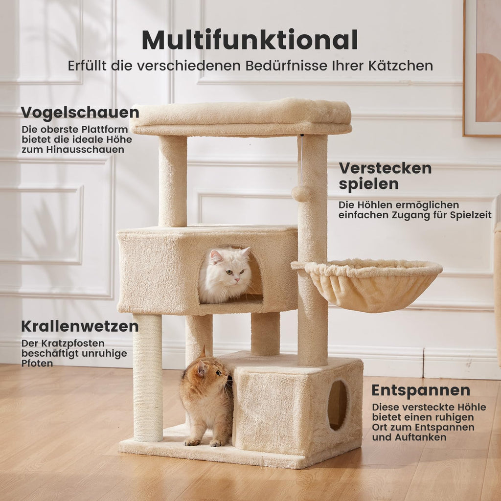 4-Tier Cat Scratching Post – Ultra Stable, 105cm, Beige, Tower with Platforms